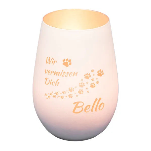 Windlicht - Andenken Hund Pfoten Weiss matt silber