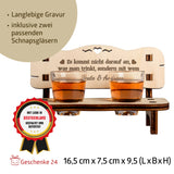 Charming mini wooden bench with engraved heart, two schnapps glasses, and a heartfelt quote for couples’ celebrations.
