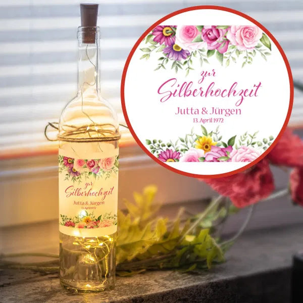 LED Flasche zur Silberhochzeit bunte Blumen oben umd unten