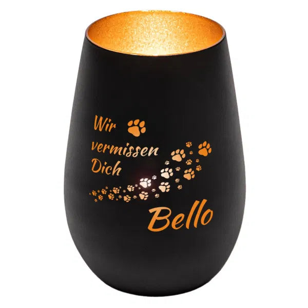 Windlicht - Andenken Hund Pfoten Schwarz matt gold