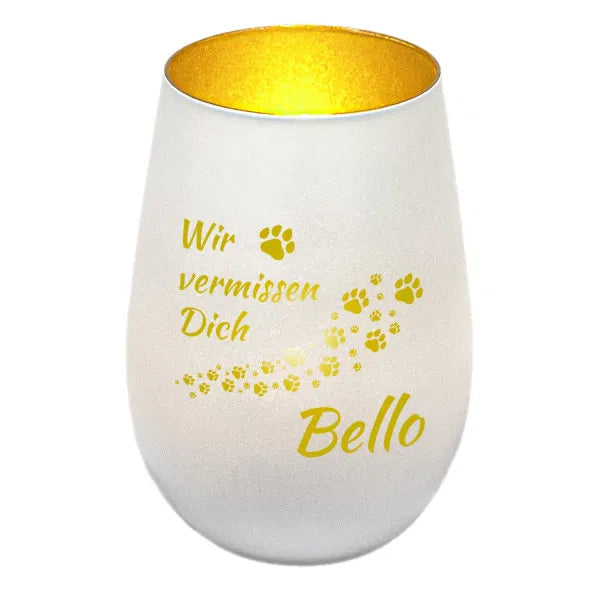 Windlicht - Andenken Hund Pfoten Weiss matt gold