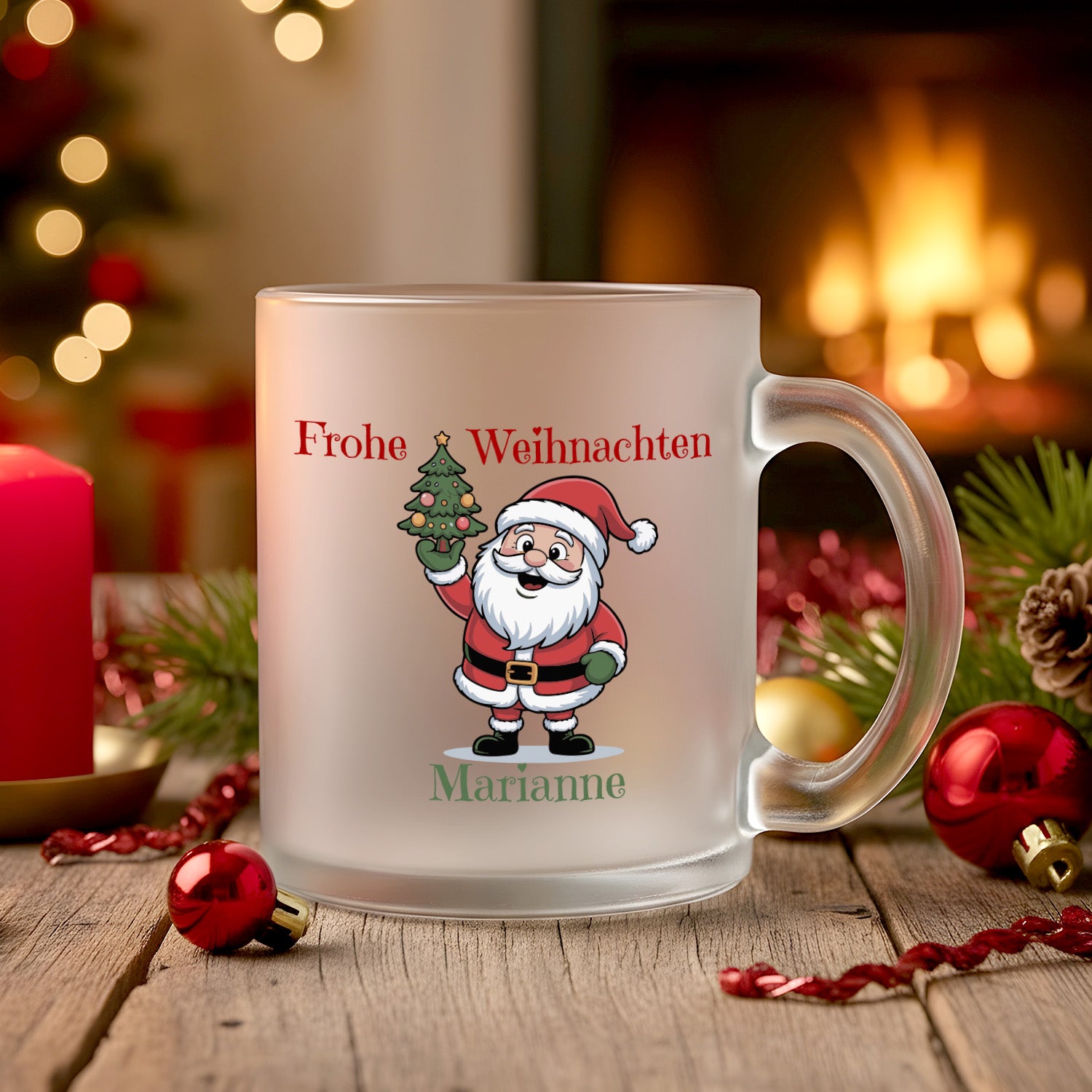 Glühweintasse aus Glas mit Wichtelmotiv