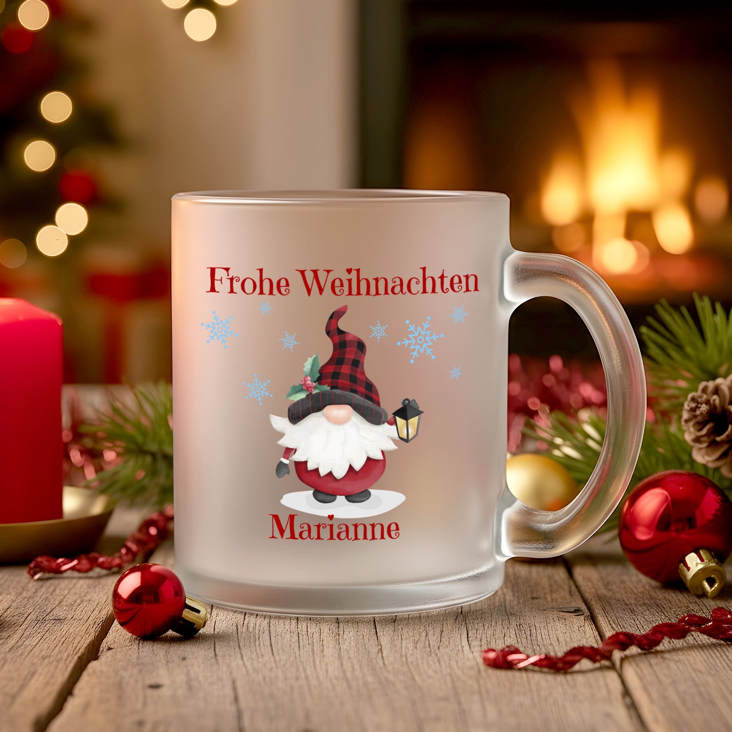 Glühweintasse aus Glas mit Wichtelmotiv