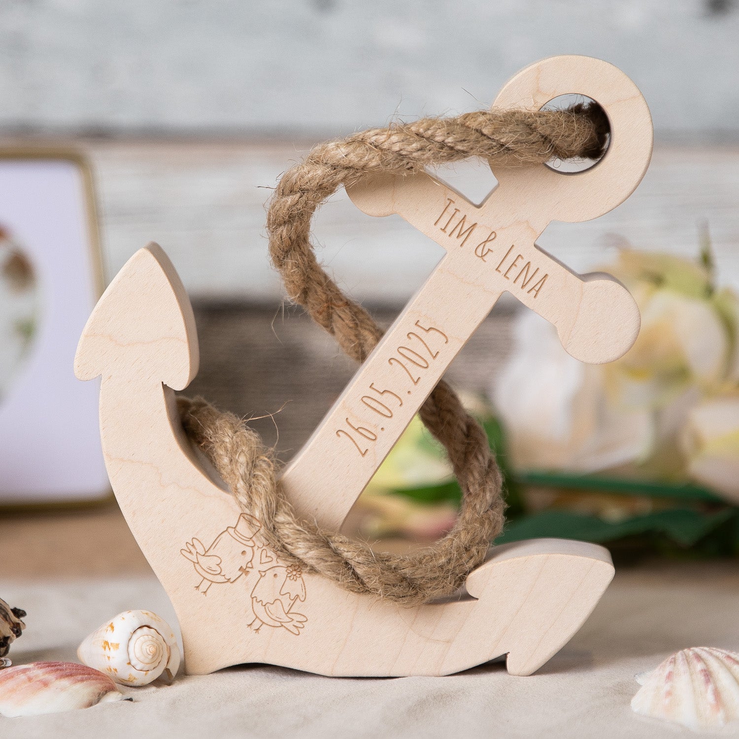 Holz-Anker mit Gravur als personalisiertes Hochzeitsgeschenk - maretimes Geschenk zur Eheschließung
