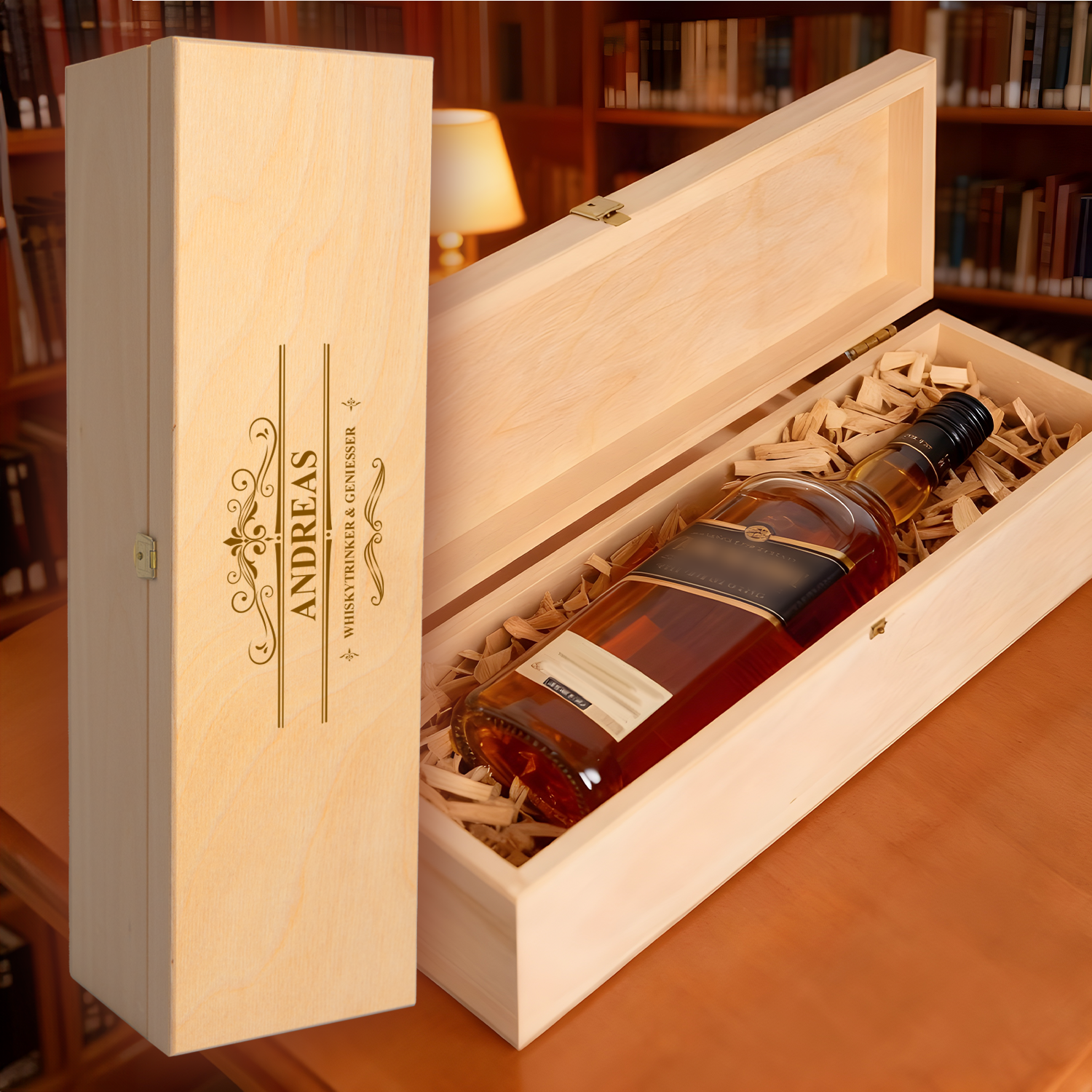 Geschenkbox aus Holz für Whiskyflaschen mit Personalisierung