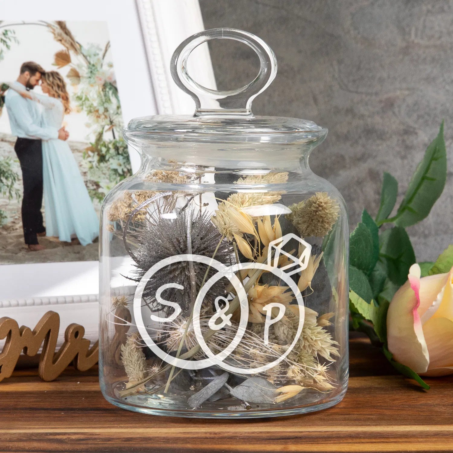 Keksglas zur Hochzeit mit Personalisierung Ringe