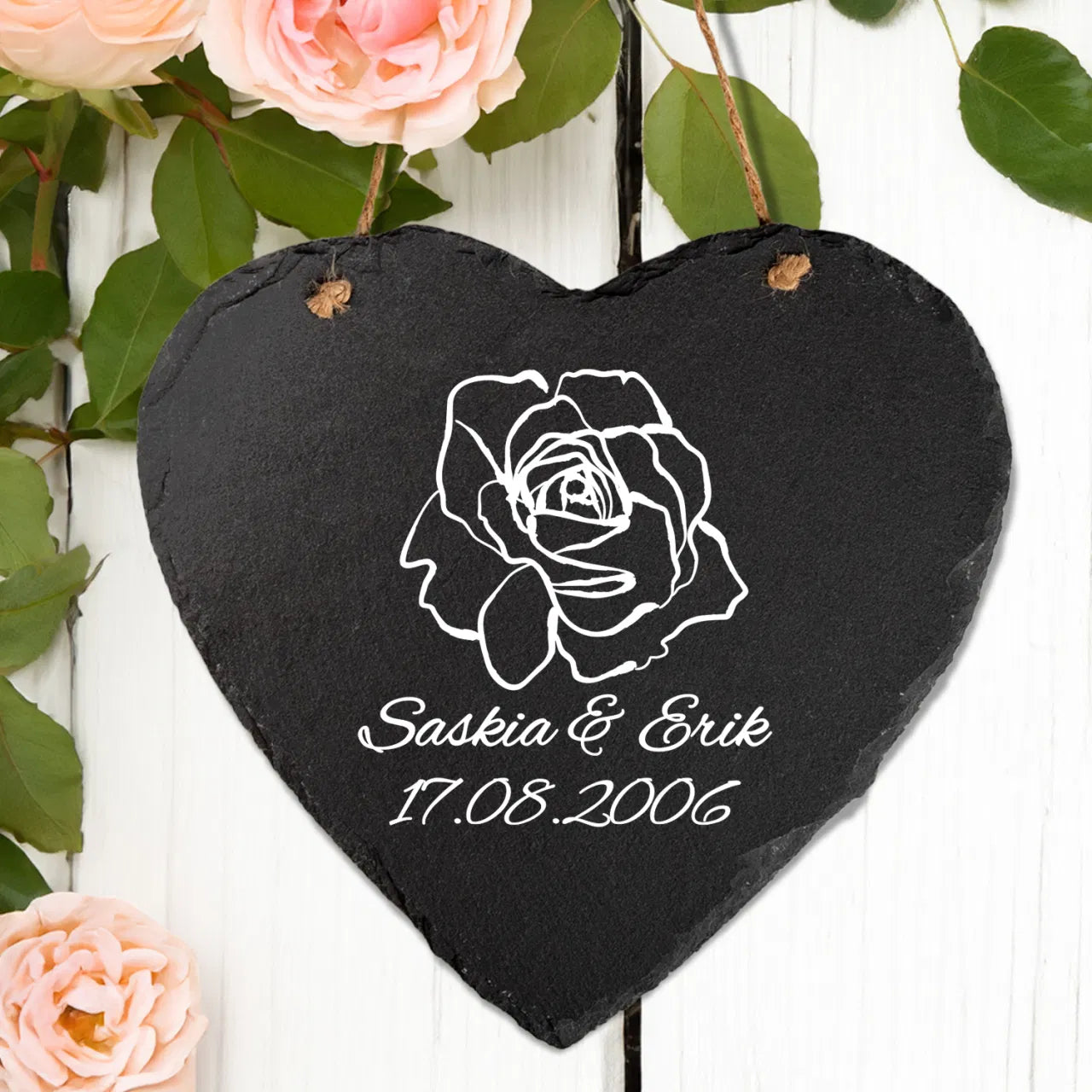 Schieferherz - Rosenhochzeit mit Personalisierung