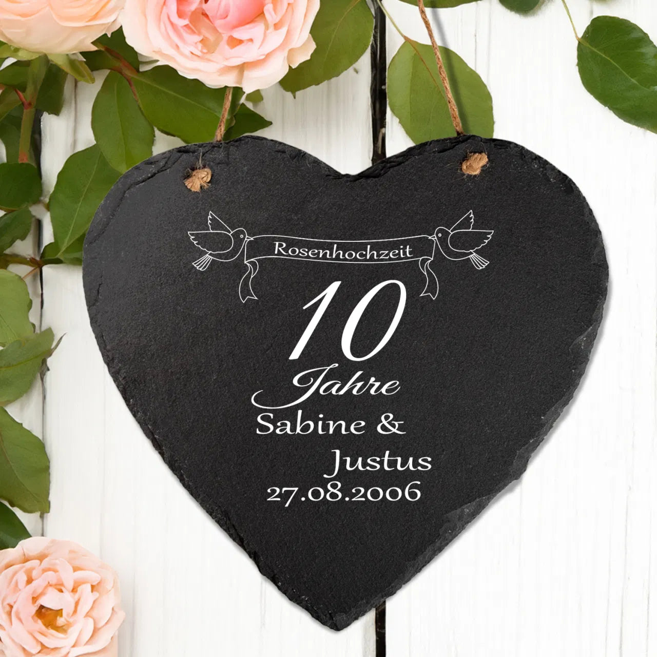 Schieferherz - Rosenhochzeit mit Personalisierung