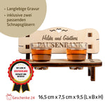 Unique Schnapsbank Pausenbank crafted from oiled alder wood, personalized with names, featuring two shot glasses for halftime fun.