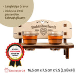 Handcrafted wooden Schnapsbank for a 40th Ruby Wedding Anniversary, engraved with names, dates, and a ruby design, complete with two elegant shot glasses.
