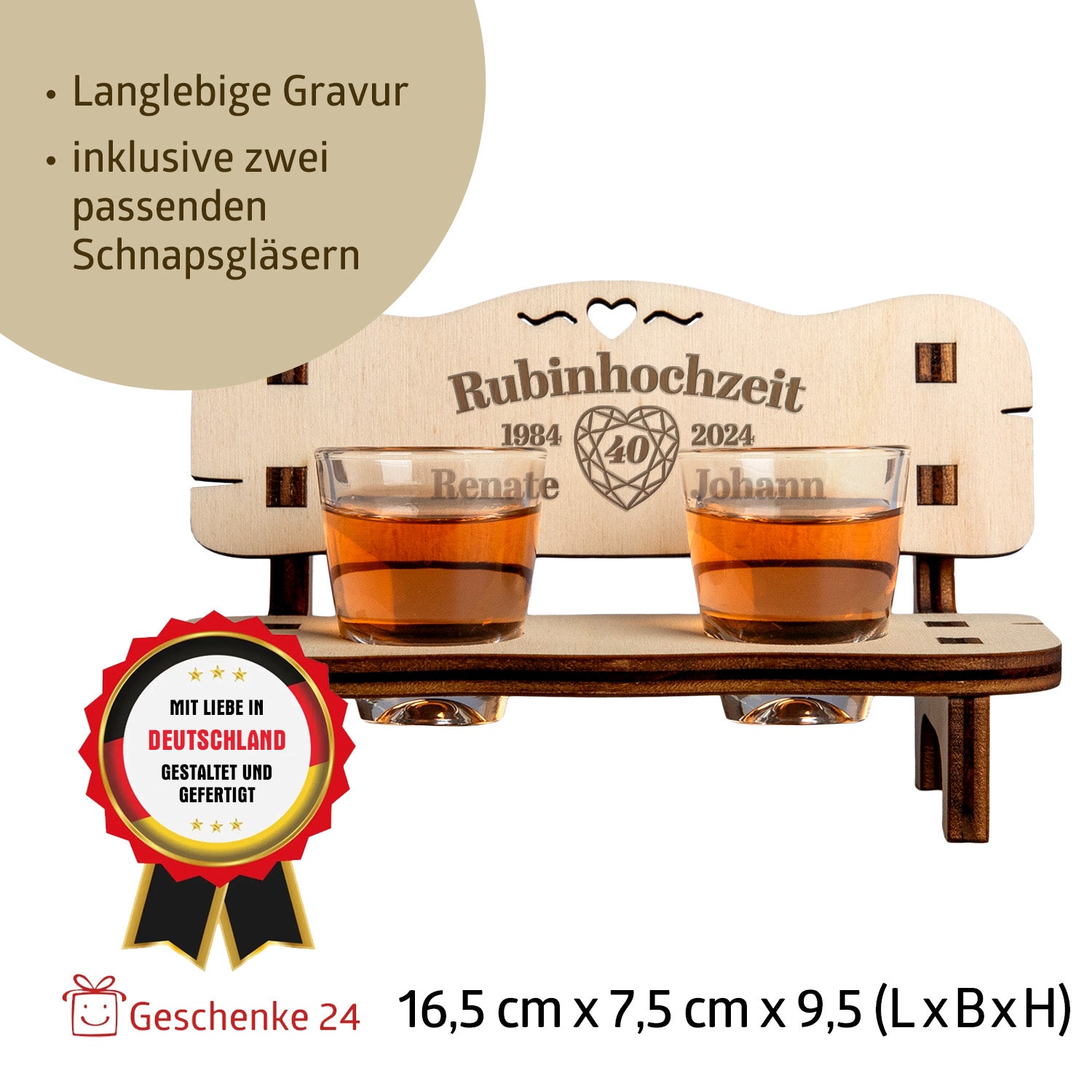 Handcrafted wooden Schnapsbank for a 40th Ruby Wedding Anniversary, engraved with names, dates, and a ruby design, complete with two elegant shot glasses.