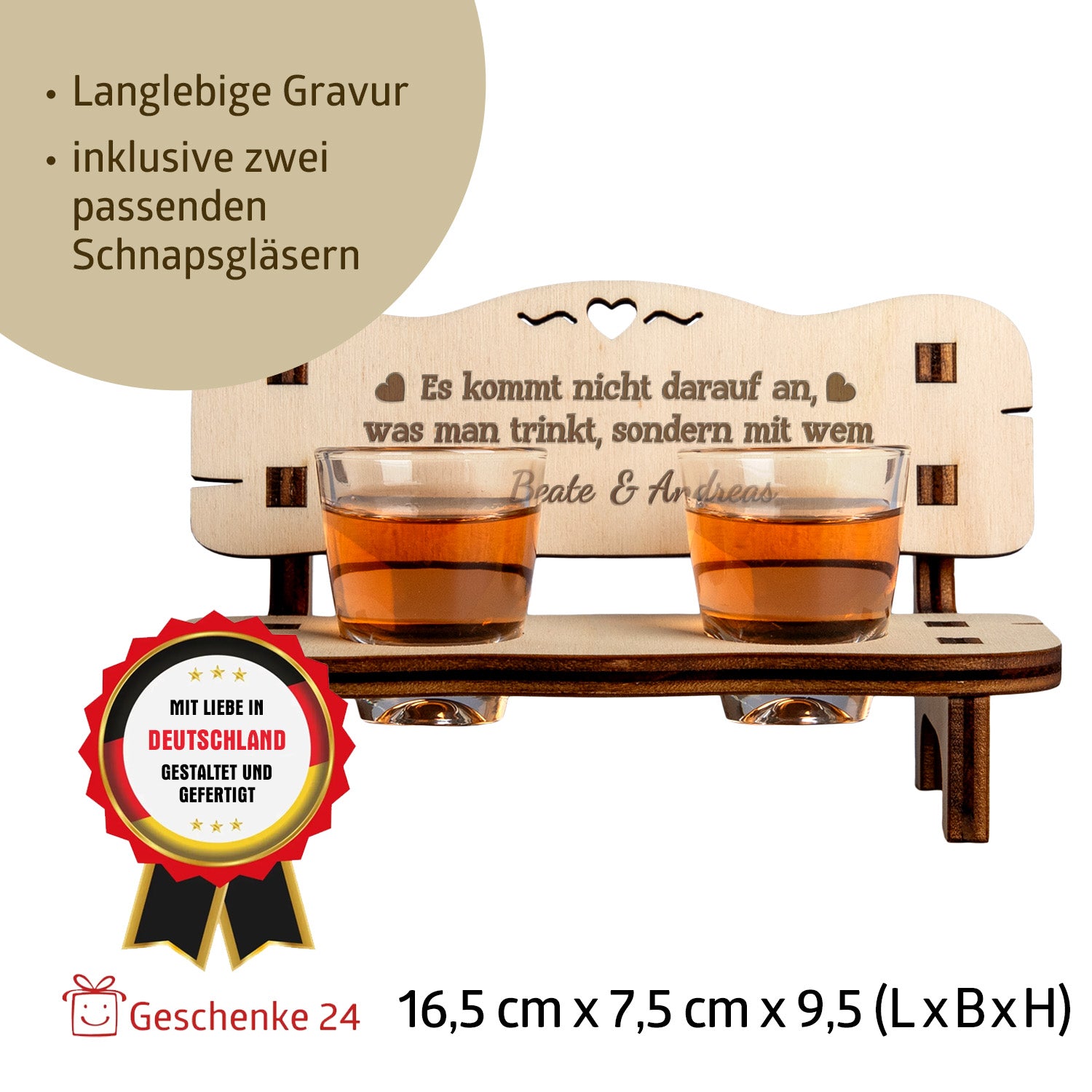 Charming mini wooden bench with engraved heart, two schnapps glasses, and a heartfelt quote for couples’ celebrations.
