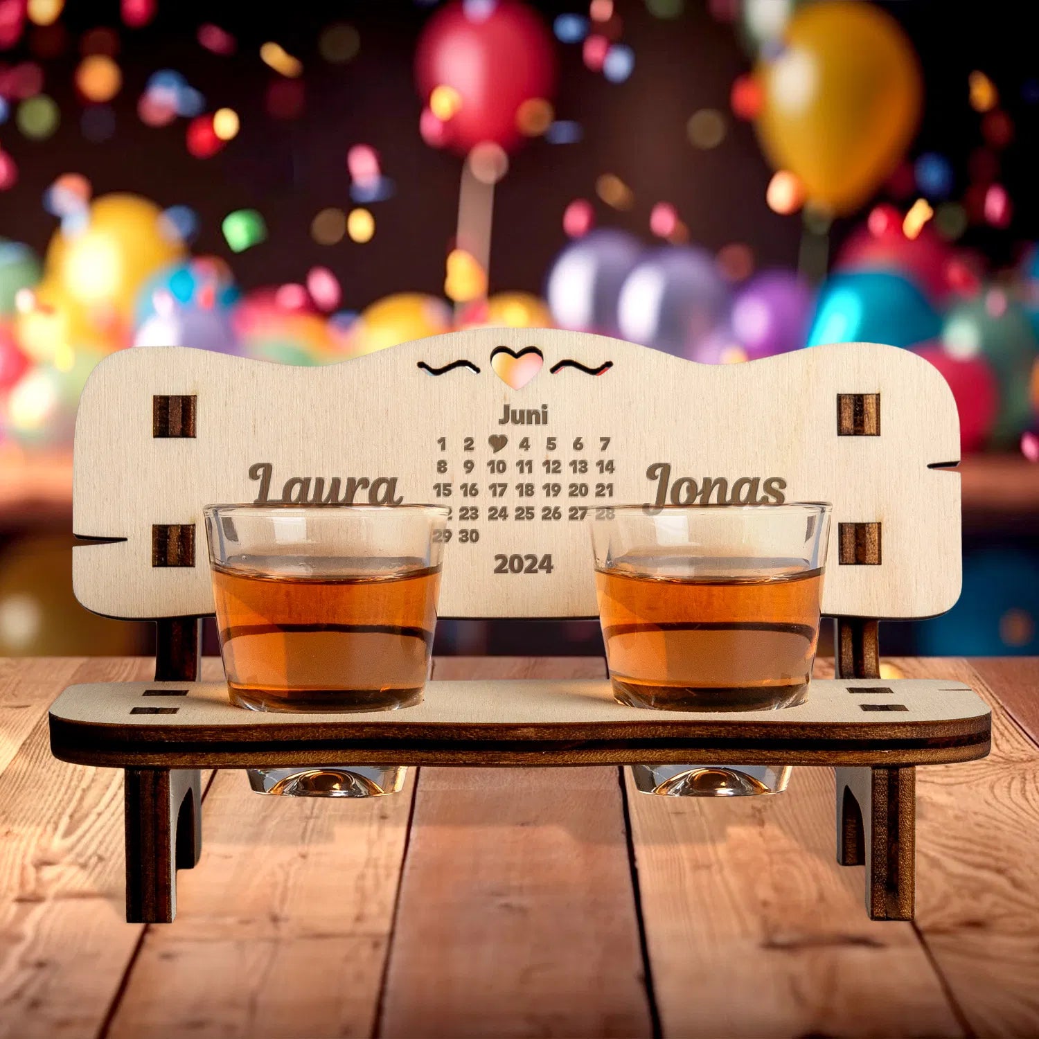 Charming wooden Schnapsbank with two schnapps glasses, personalized with names and a special date engraved on it.