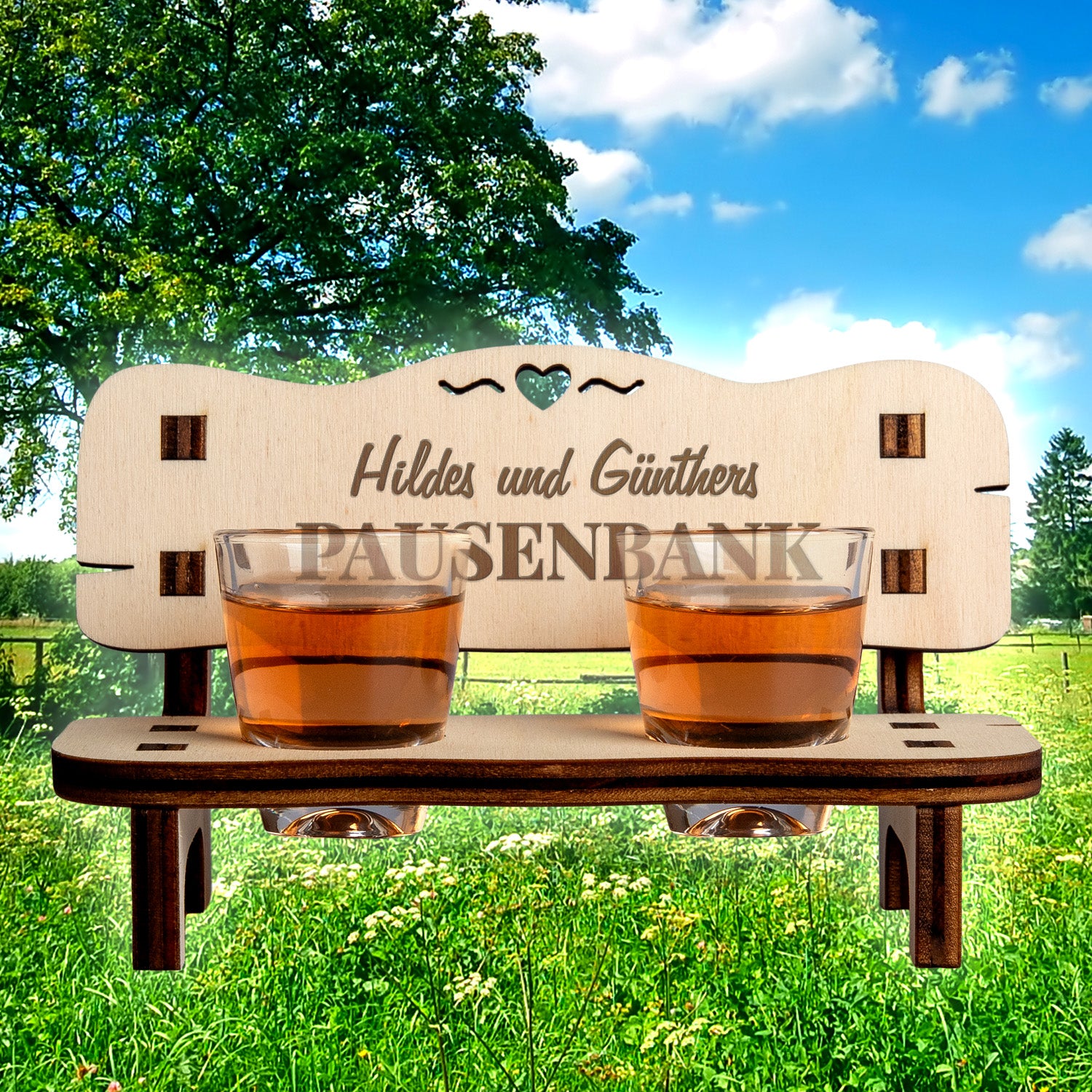 Unique Schnapsbank - Pausenbank crafted from oiled alder wood, personalized with names, featuring two shot glasses for fun halftime vibes.