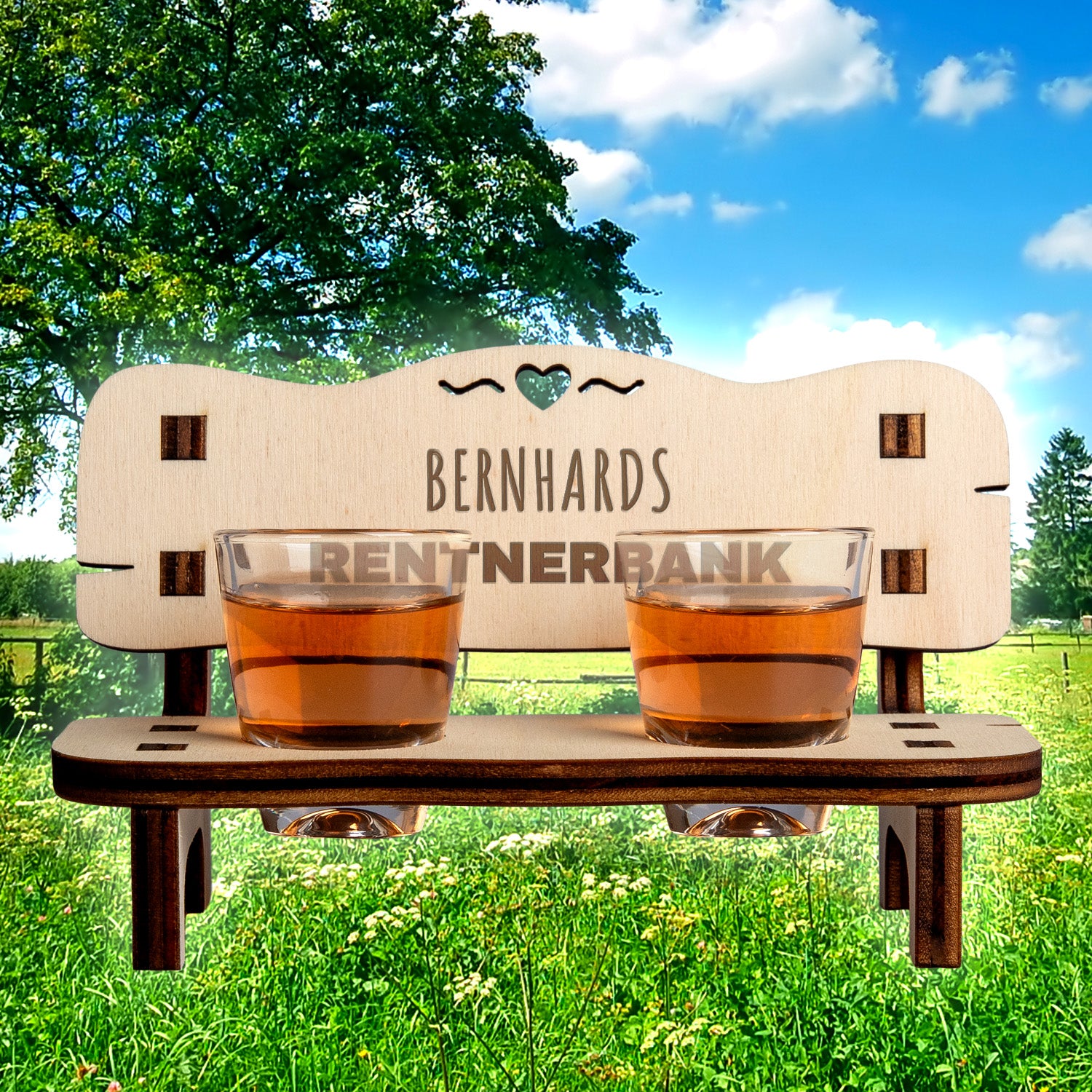 Rustic Schnapsbank made of oiled alder wood, personalized with a retiree’s name, complete with two schnapps glasses for cozy gatherings.
