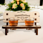 Charming Schnapsbank made of oiled alder wood, personalized with engraved names and dates for a 60th wedding anniversary.