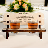 Charming Schnapsbank made of oiled alder wood, personalized with engraved names and dates for a 60th wedding anniversary.