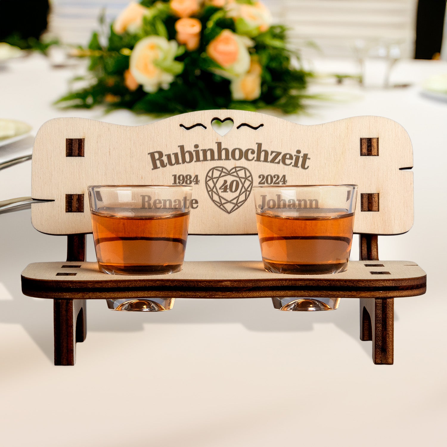 Handcrafted wooden Schnapsbank for a 40th Ruby Wedding Anniversary, personalized with names, dates, and a ruby design.