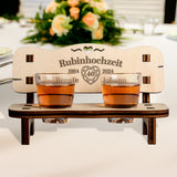 Handcrafted wooden Schnapsbank for a 40th Ruby Wedding Anniversary, personalized with names, dates, and a ruby design.