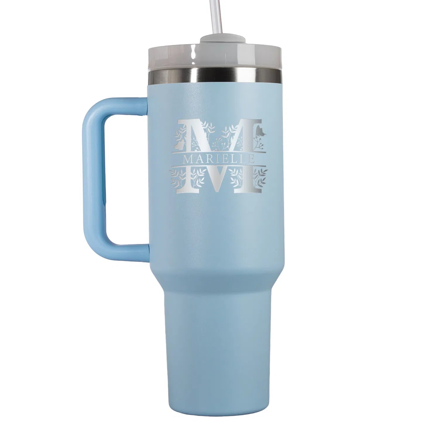 Thermo-Becher mit Griff und Deiner Gravur Hellblau Monogramm