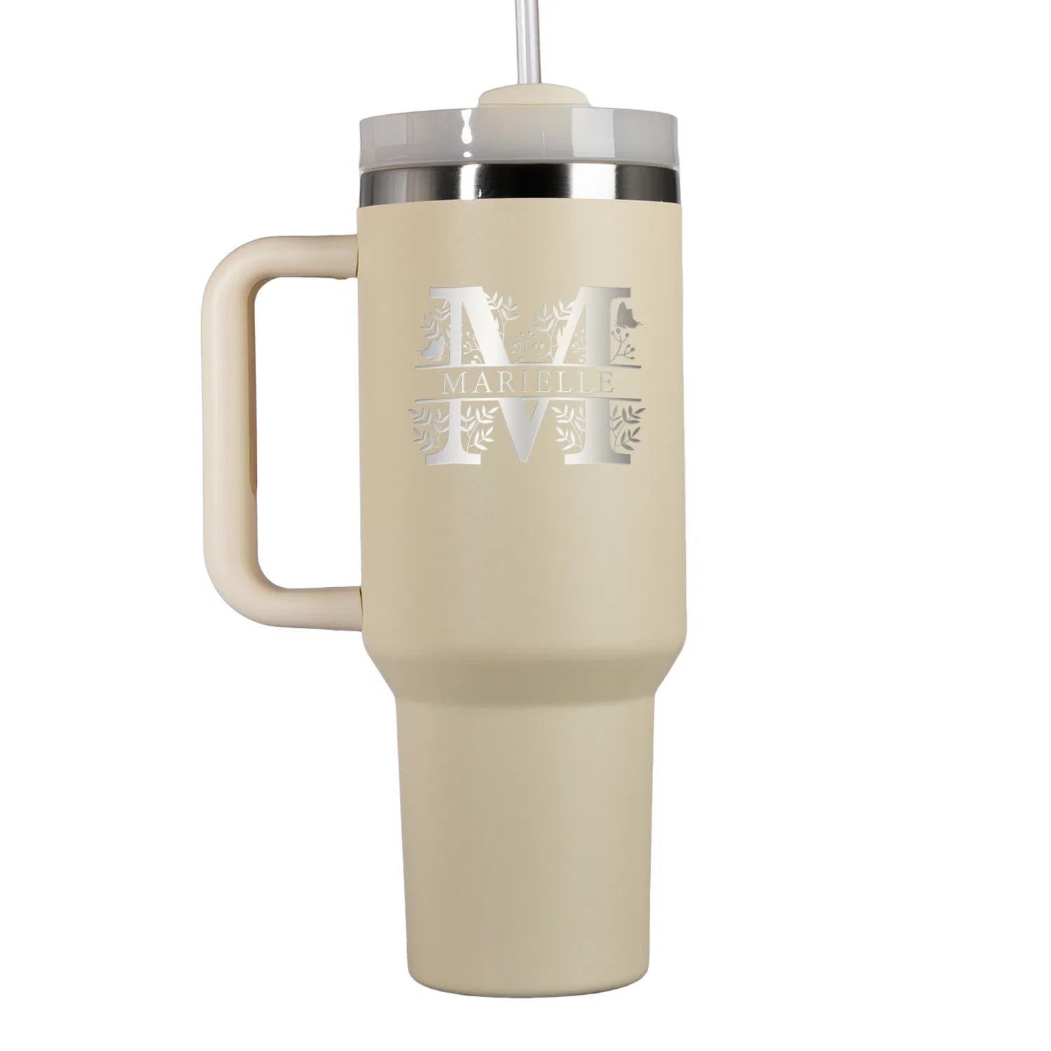 Thermo-Becher mit Griff und Deiner Gravur Creme Monogramm