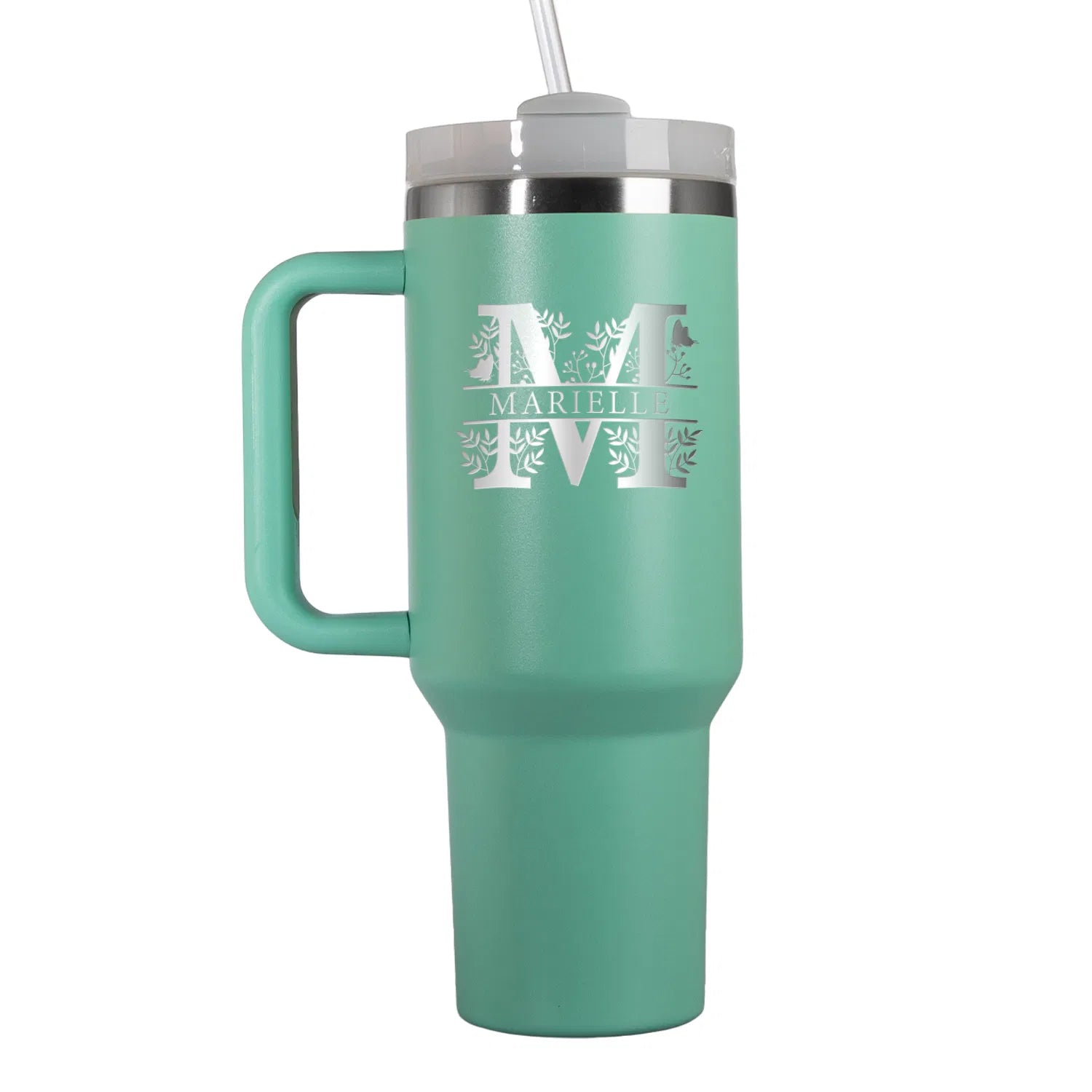 Thermo-Becher mit Griff und Deiner Gravur Petrol Monogramm