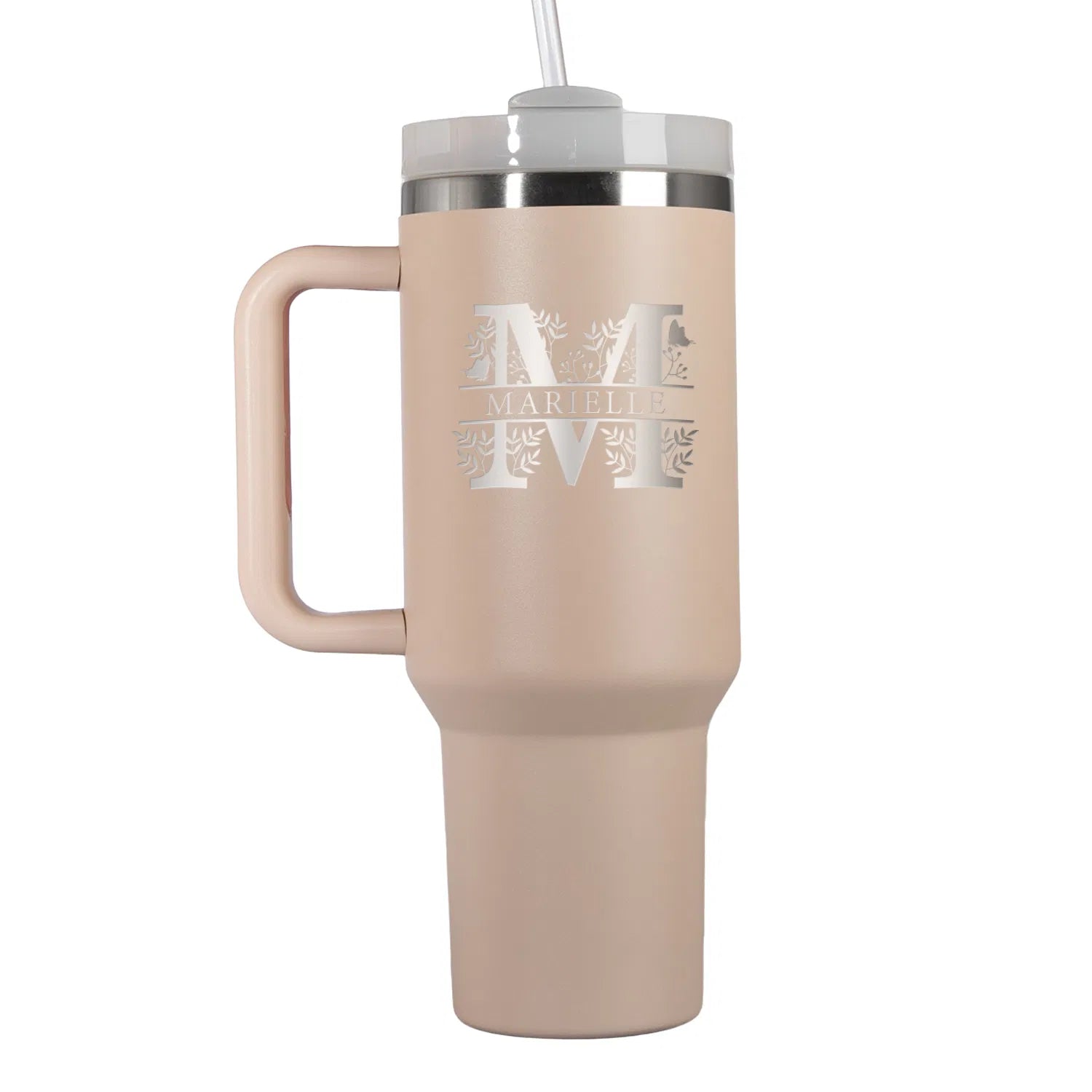 Thermo-Becher mit Griff und Deiner Gravur Rosa Monogramm