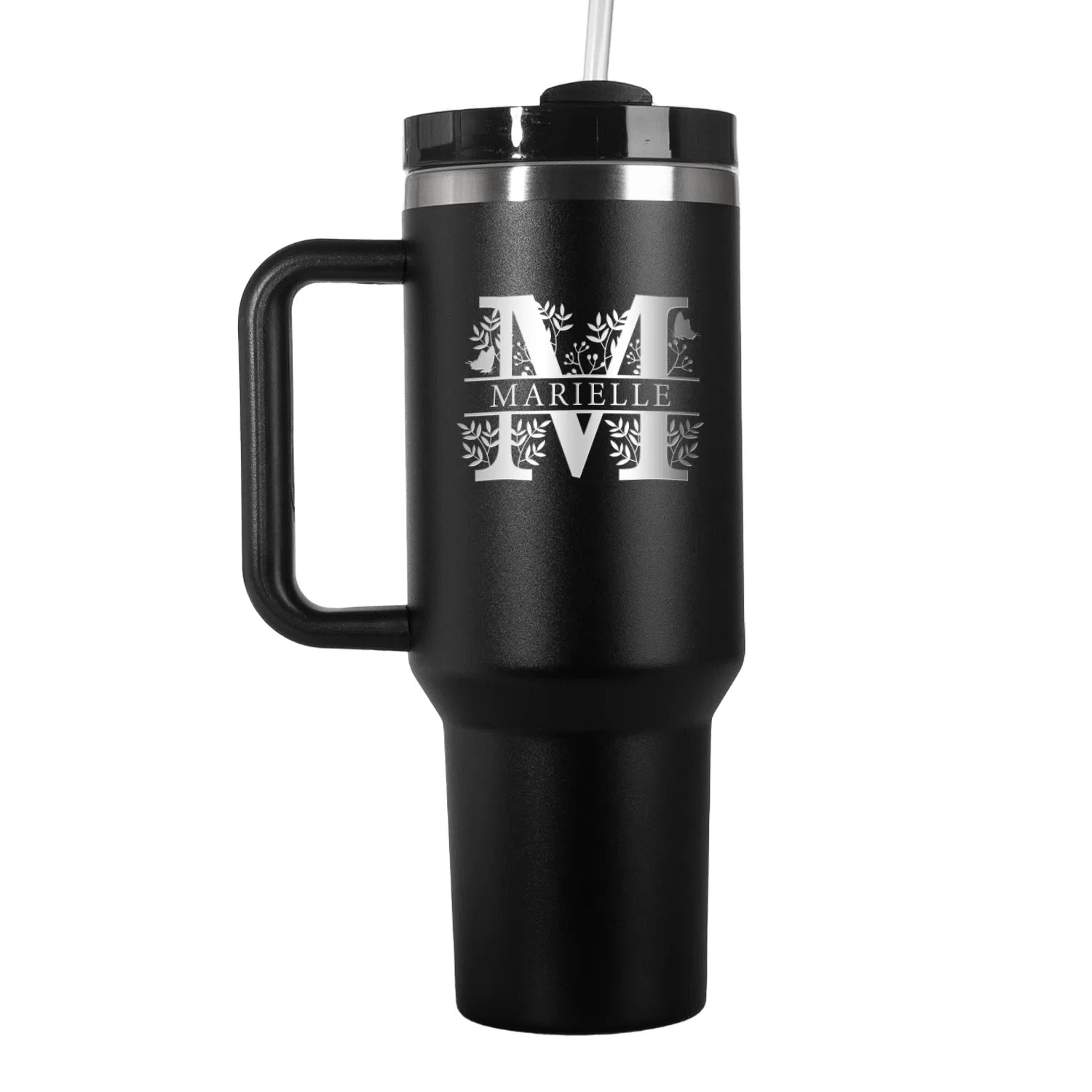 Thermo-Becher mit Griff und Deiner Gravur Schwarz Monogramm
