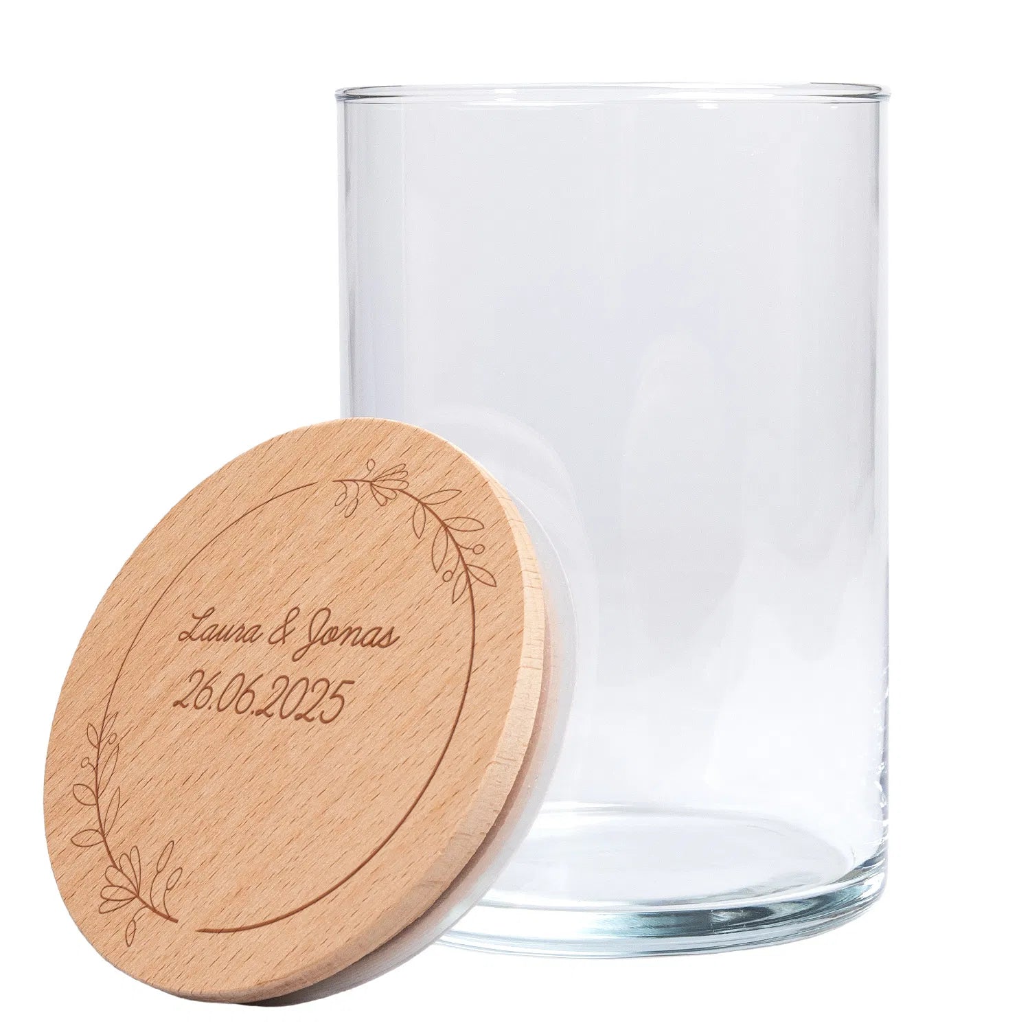 Personalisiertes Vorratsglas mit Holzdeckel zur Hochzeit Kranz aus Blumen