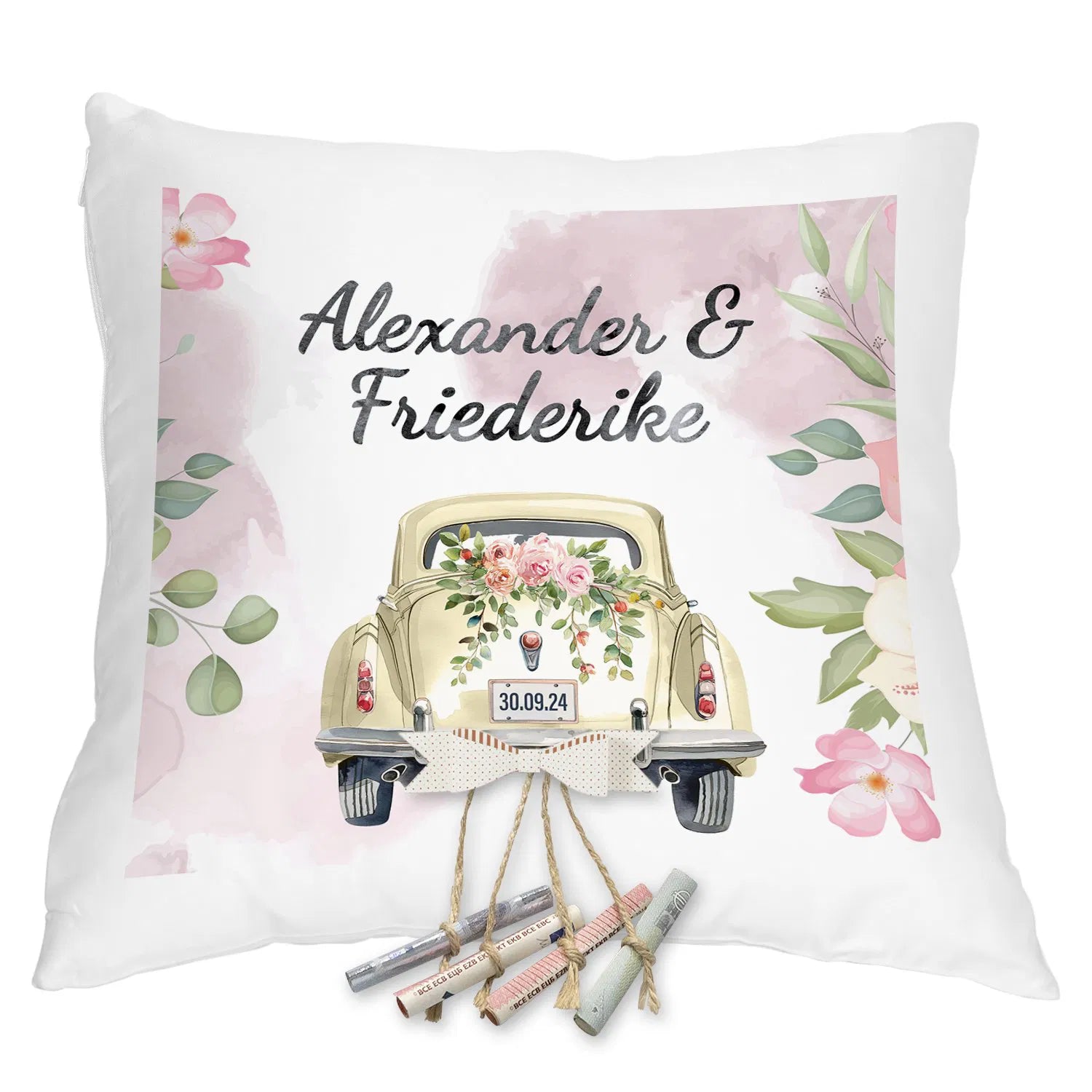 Personalisiertes Kissen Hochzeitsauto für Geldscheine