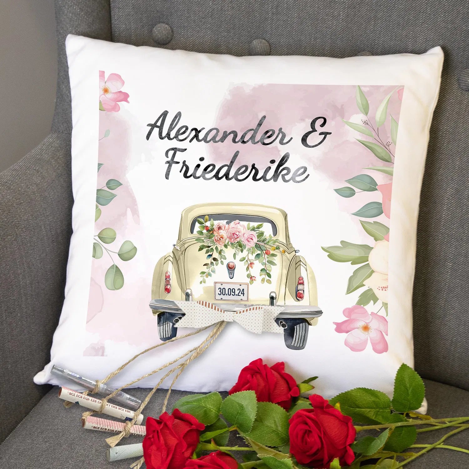 Personalisiertes Kissen Hochzeitsauto für Geldscheine