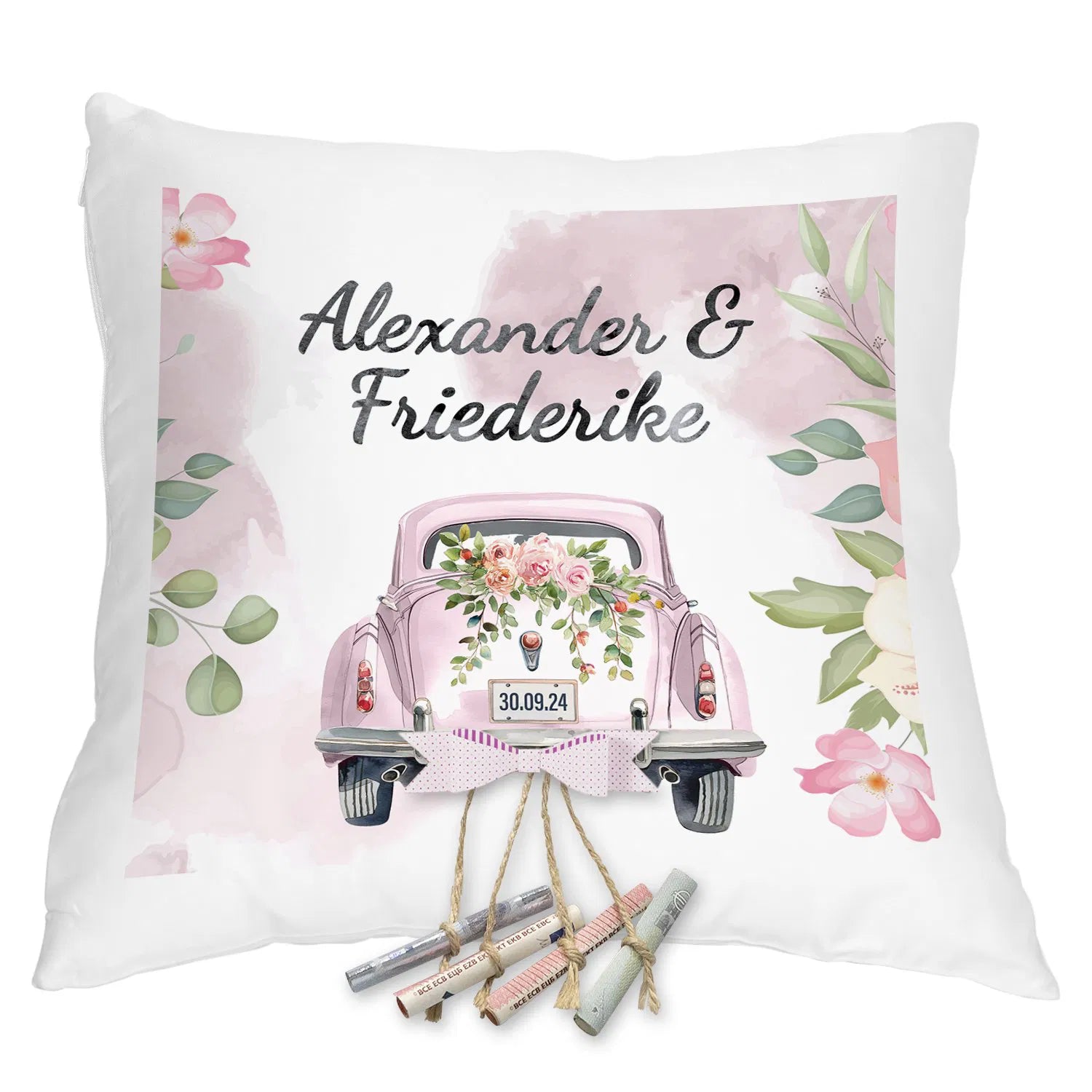 Personalisiertes Kissen Hochzeitsauto für Geldscheine