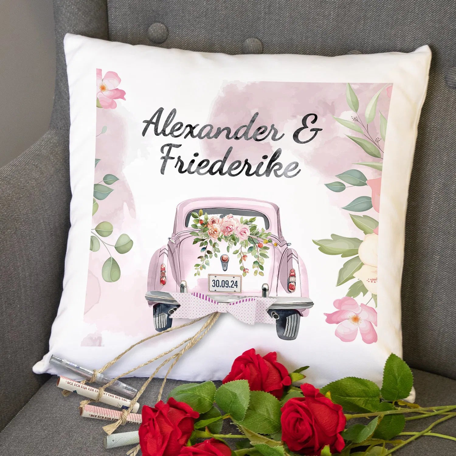 Personalisiertes Kissen Hochzeitsauto für Geldscheine