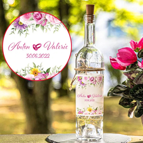 LED Flasche zur Hochzeit bunte Blumen oben umd unten