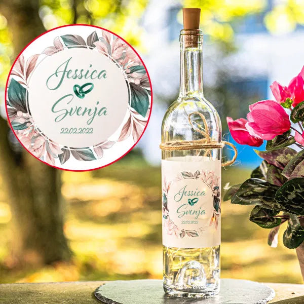 LED Flasche zur Hochzeit rosa- grüne Blumen im Kreis