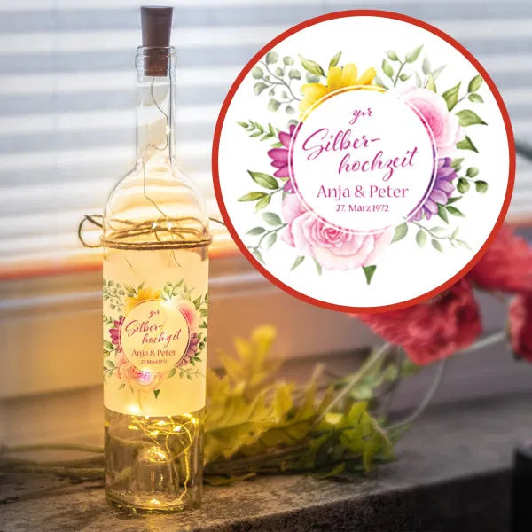 LED Flasche zur Silberhochzeit bunte Blumen im Kreis