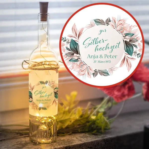 LED Flasche zur Silberhochzeit rosa- grüne Blumen im Kreis