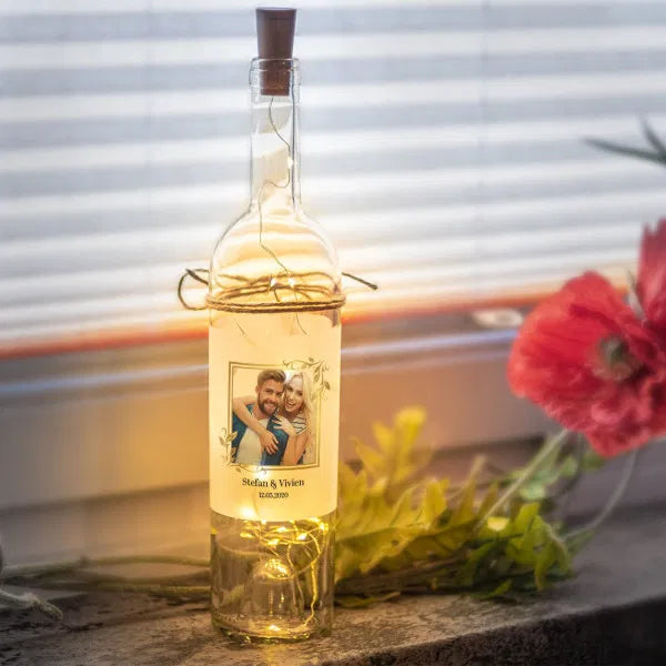 LED Flasche mit Wunschfoto goldener Rand