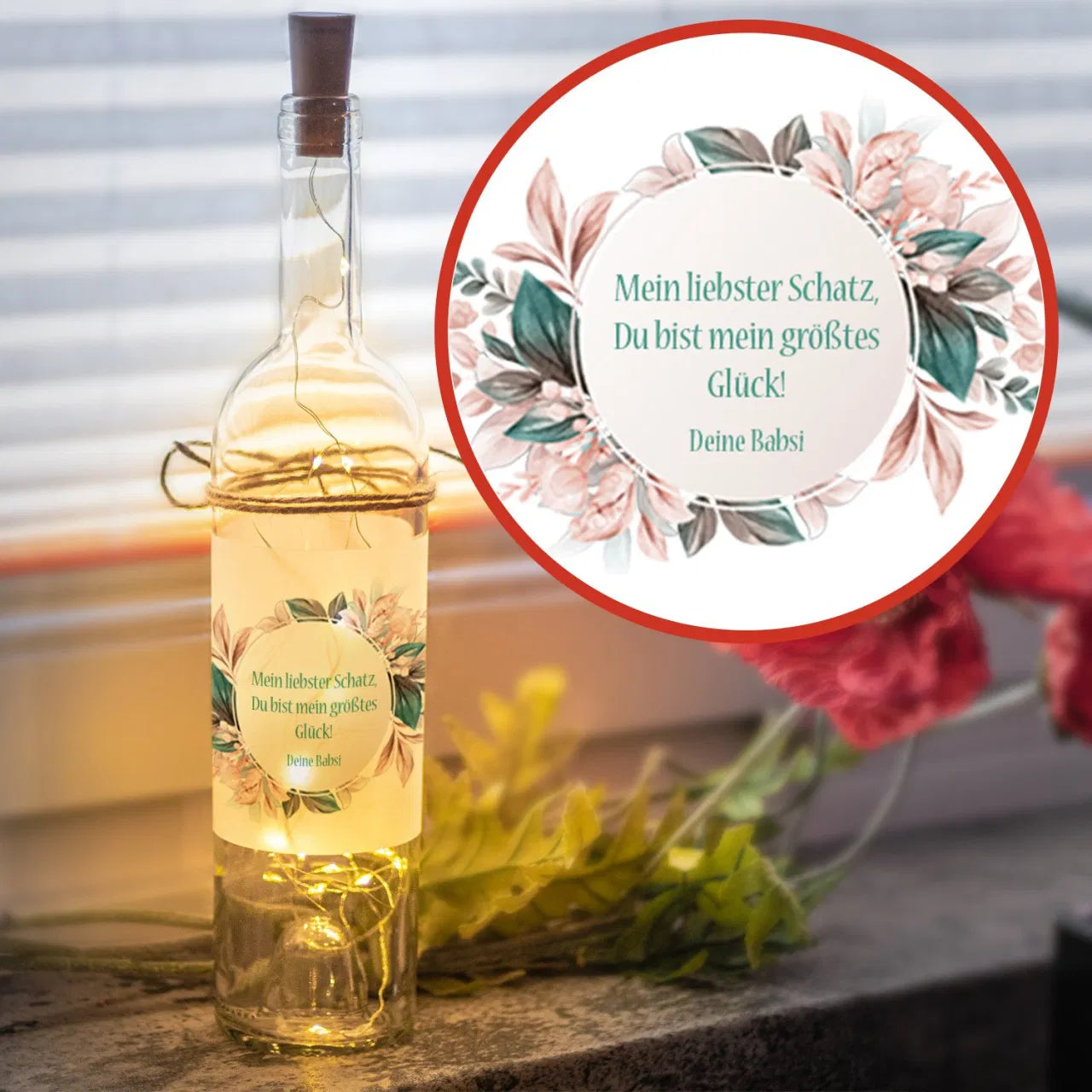LED Flasche mit Wunschtext rosa- grüne Blumen im Kreis