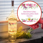 LED Flasche mit Wunschtext bunte Blumen oben umd unten