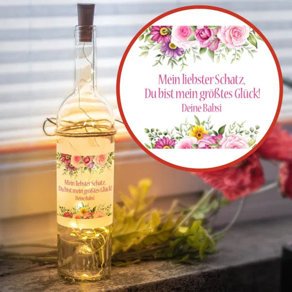 LED Flasche mit Wunschtext bunte Blumen oben umd unten