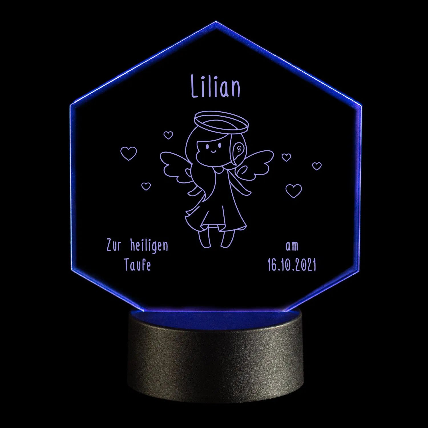 LED-Leuchte zur Taufe mit Personalisierung Schwarz Engel