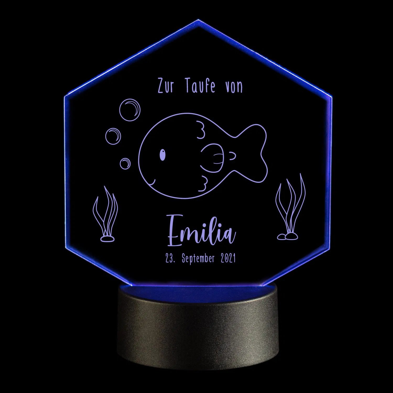 LED-Leuchte zur Taufe mit Personalisierung Schwarz Fisch