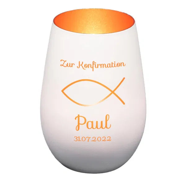 Windlicht - Konfirmation Weiss matt bronze