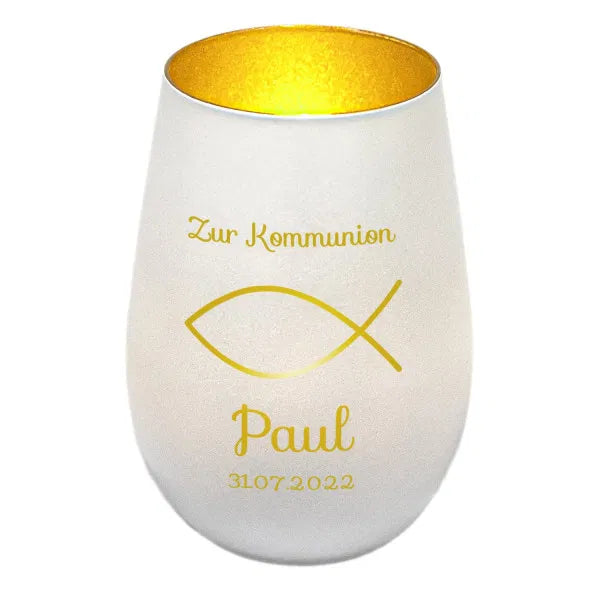 Windlicht - Kommunion Weiss matt gold