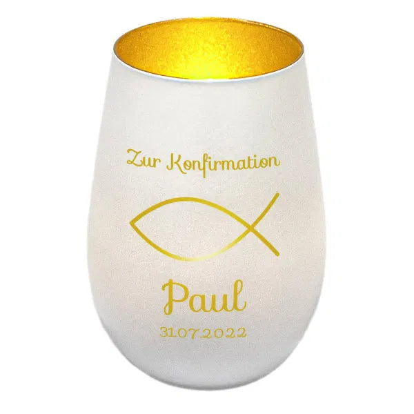 Windlicht - Konfirmation Weiss matt gold