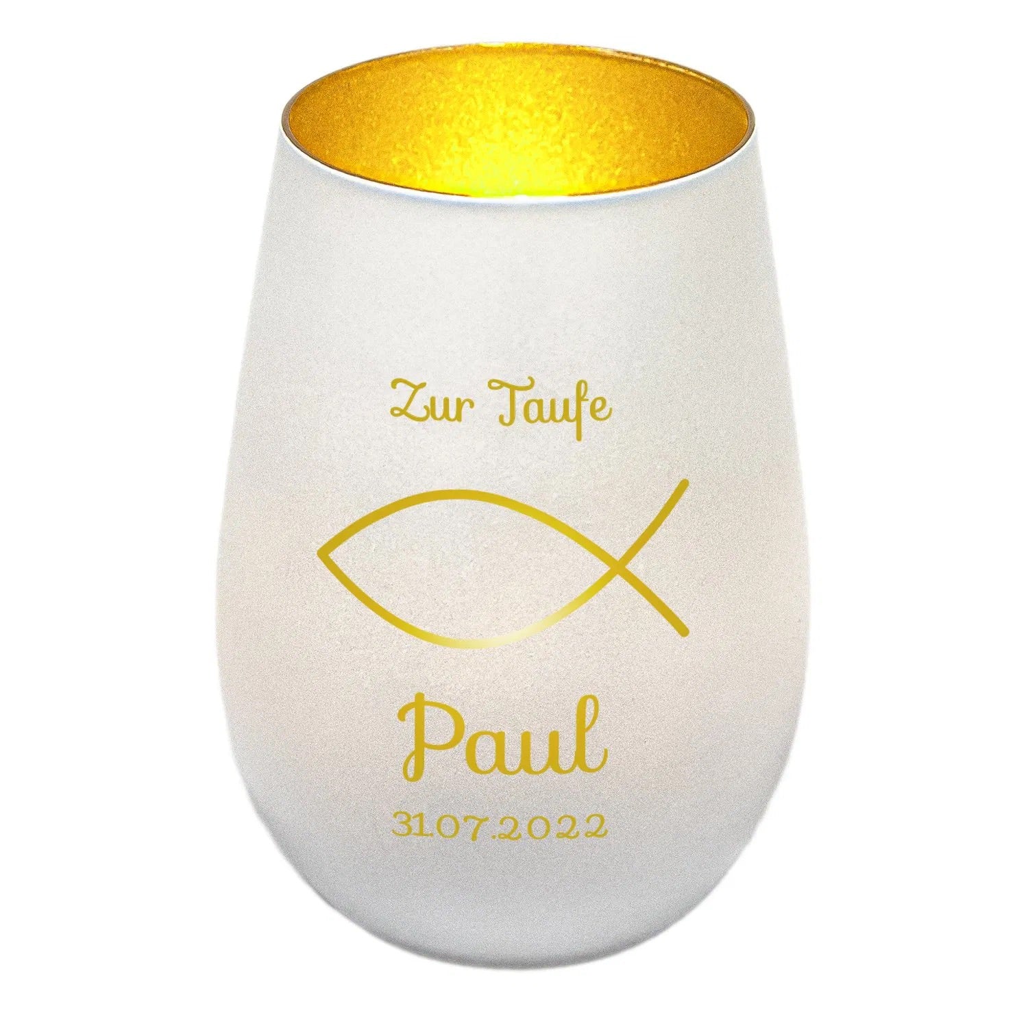 Windlicht - Taufe Weiss matt gold