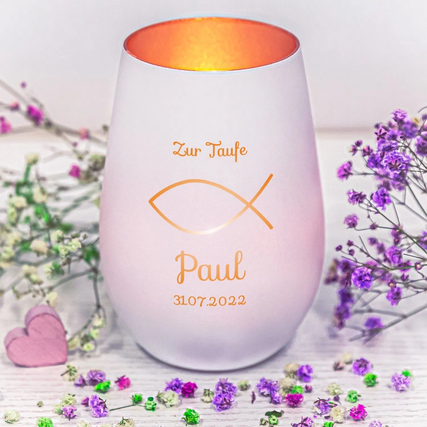 Windlicht - Taufe Weiss matt bronze