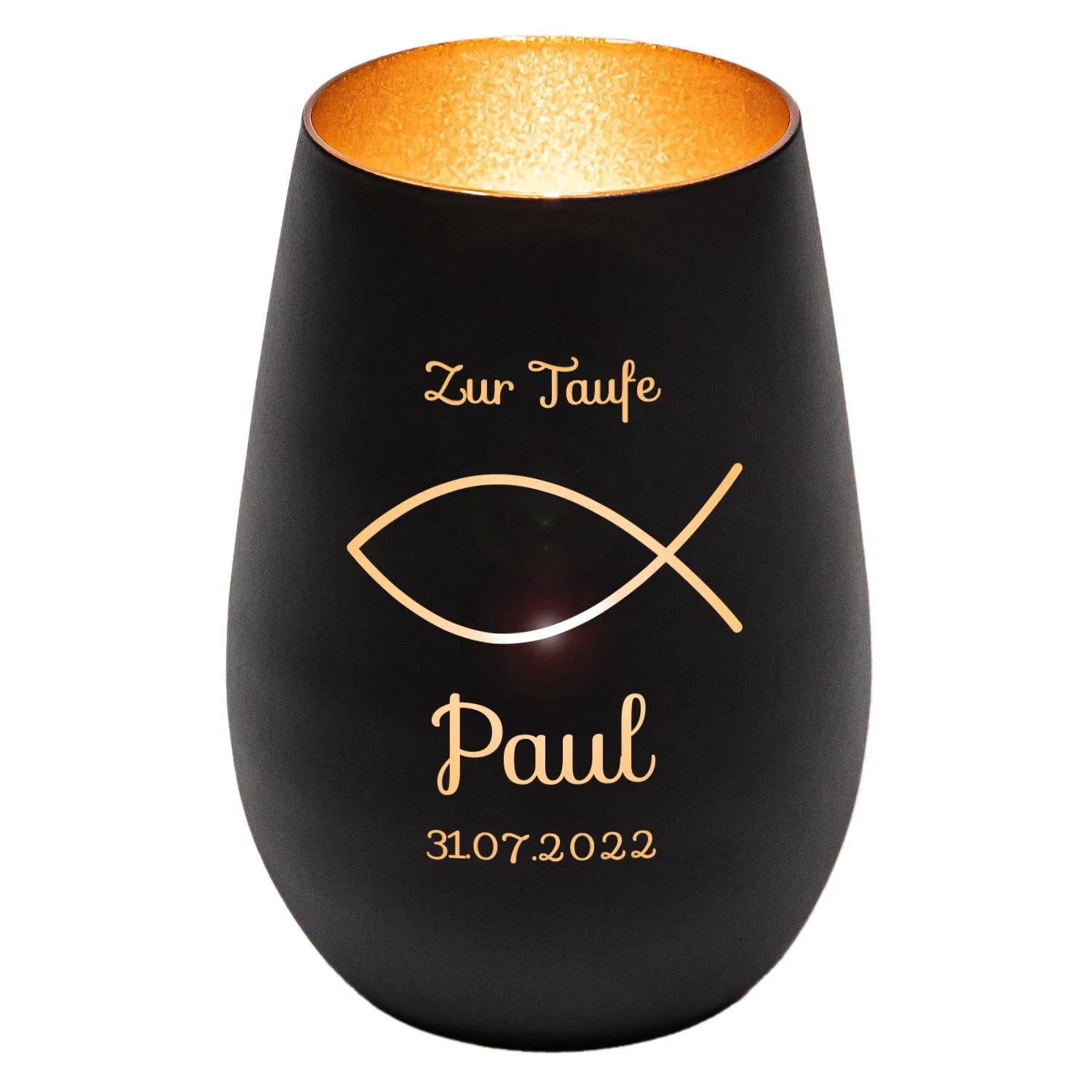 Windlicht - Taufe Schwarz matt gold